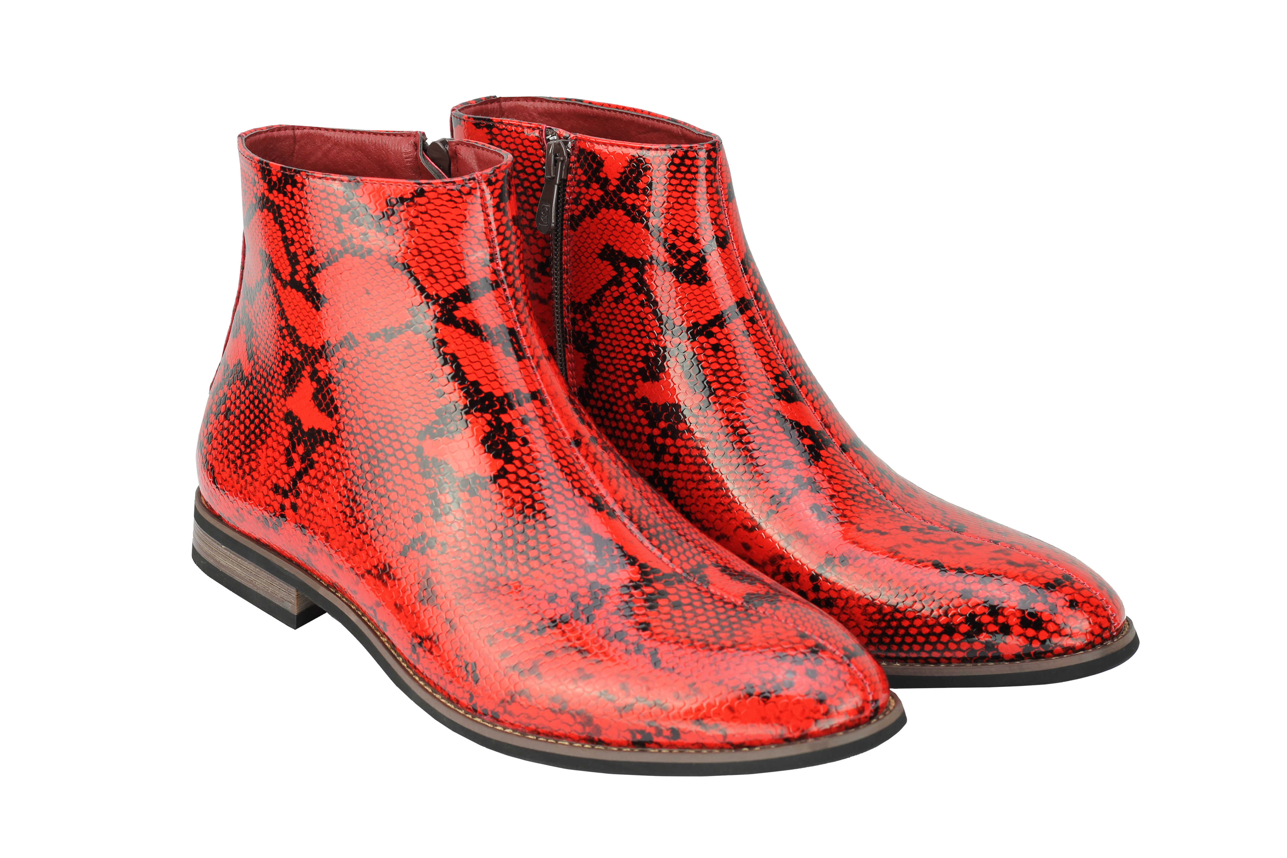 Mens Faux Leather Shiny Snake skin Print Ankle Boots Zip on Chelsea